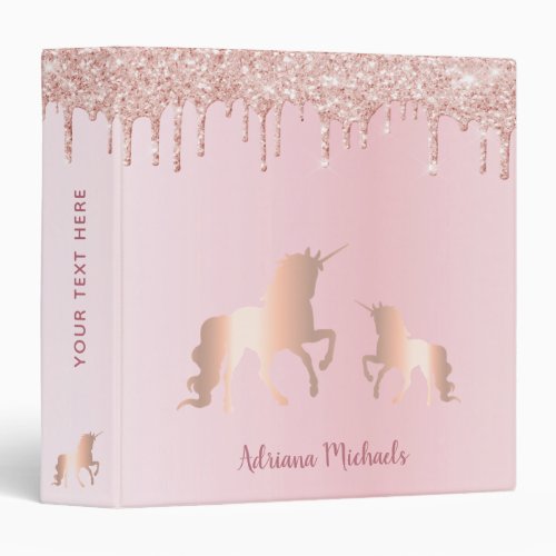 Unicorns rose gold glitter pink name 3 ring binder