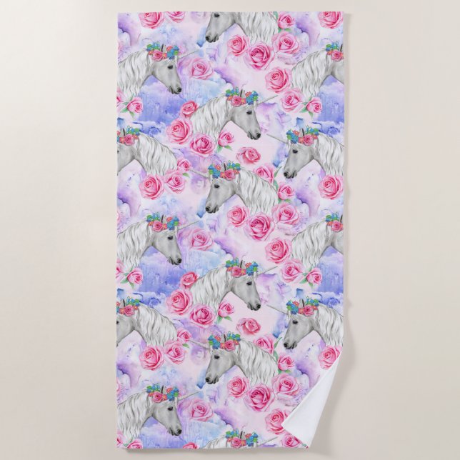 Unicorns & Roses Pattern Beach Towel (Front)