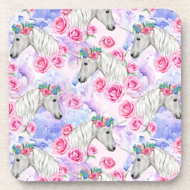 Unicorns & Roses Pattern Beverage Coaster (Front)