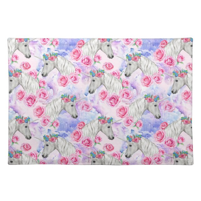 Unicorns & Roses Pattern Cloth Placemat (Front)
