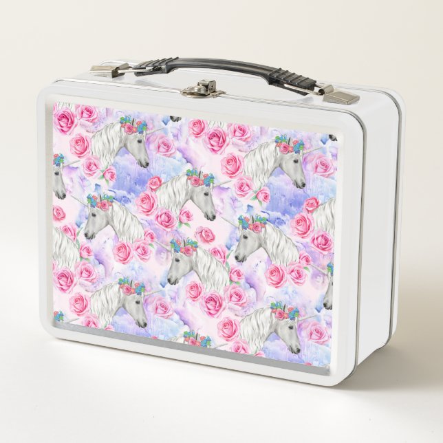 Unicorns & Roses Pattern Metal Lunch Box (Front)