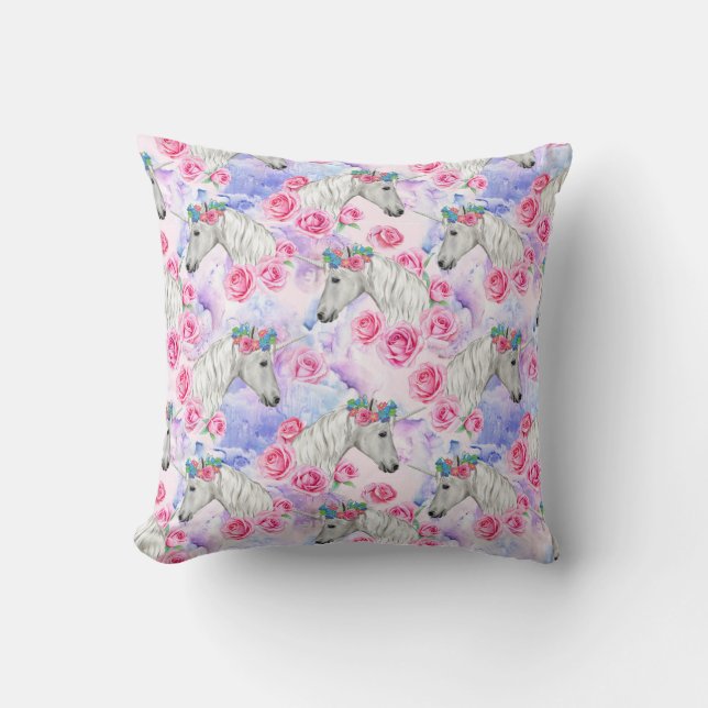Unicorns & Roses Pattern Throw Pillow (Front)