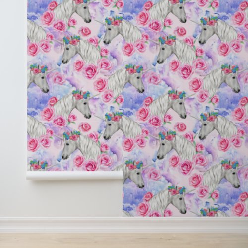 Unicorns  Roses Pattern Wallpaper