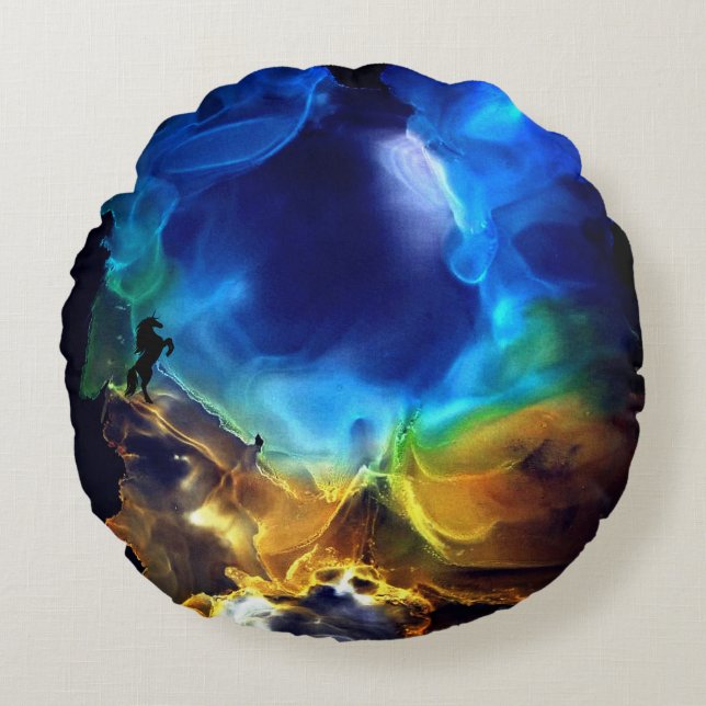 Unicorns Space Nebula blue yellow Alcohol ink art  Round Pillow (Front)