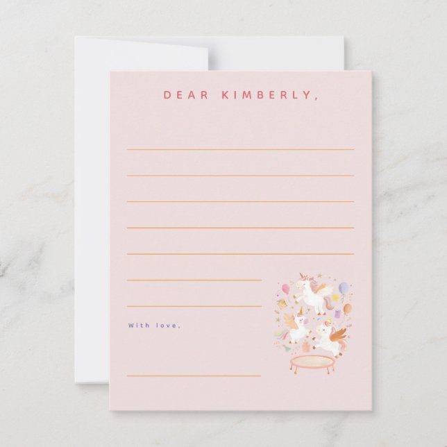 Unicorns Trampoline Birthday Party Note or Message Card (Front)