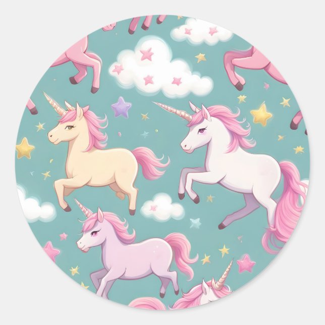 Unicorns with clouds and stars pattern classic round sticker (Front)