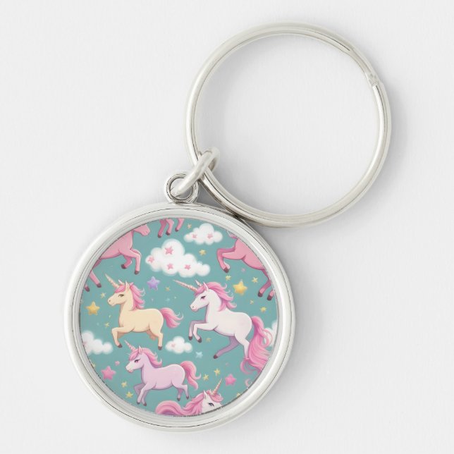 Unicorns with clouds and stars pattern keychain (Front)