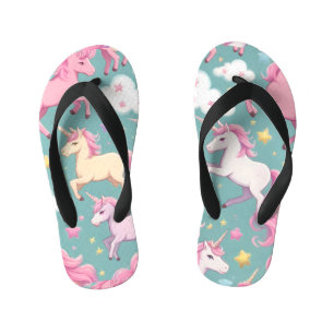 Unicorns with clouds and stars pattern kid's flip flops