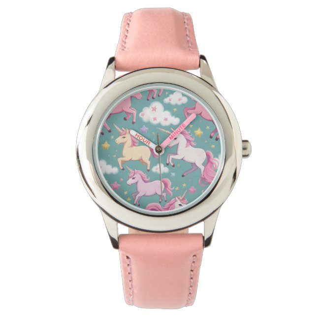 Unicorns with clouds and stars pattern watch (Front)