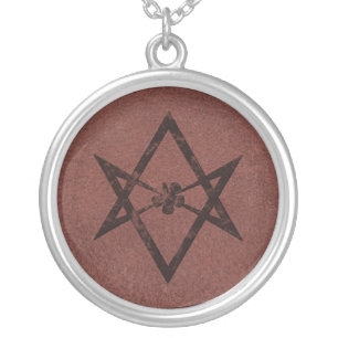 Unicursal Hexagram Thelemic Symbol on Red Leather Silver Plated Necklace