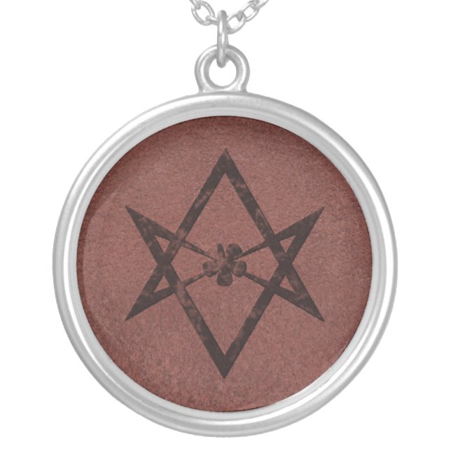 Unicursal Hexagram Thelemic Symbol on Red Leather Silver Plated Necklace (Front)