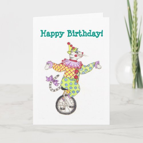 Unicycle Clown Cat Birthday Card