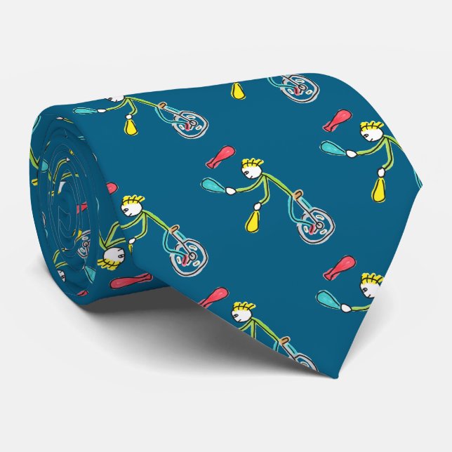 Unicycling Stickman Juggler Neck Tie (Rolled)