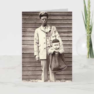 Uniformed Postman with Baby in Mailbag