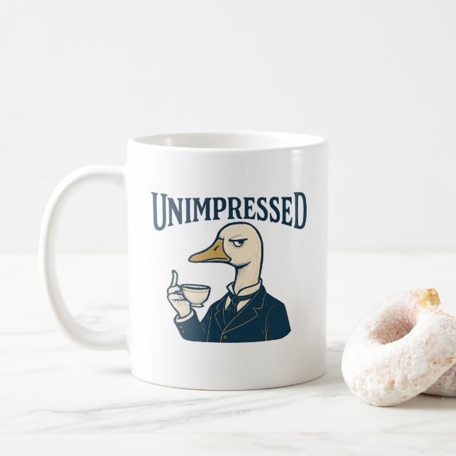 Unimpressed Duck Drinking Tea Meme Coffee Mug (With Donut)