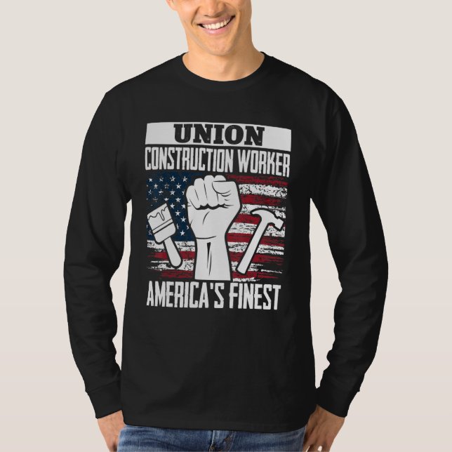 Union Construction Worker American USA Flag 4th of T-Shirt (Front)