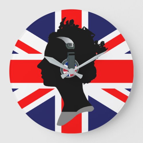 UNION JACK AND QUEEN ELIZABETH WITH HEADPHONES LARGE CLOCK