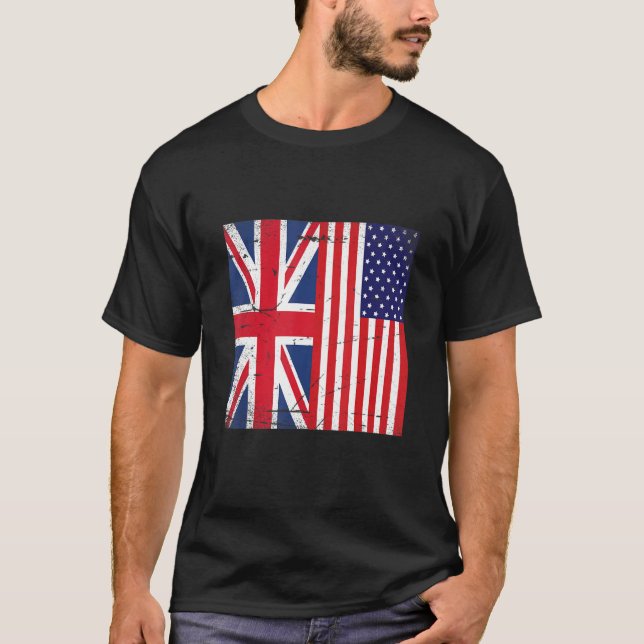 Union Jack and Unites States of America Flag Retro T-Shirt (Front)
