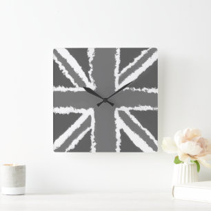 Union Jack Art Gray Tones Wall Mounted Square Wall Clock