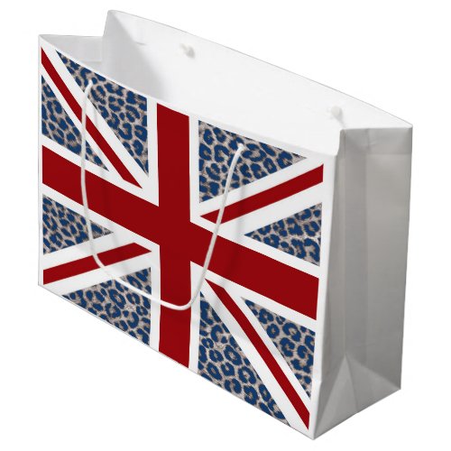 Union Jack British Flag with Blue Cheetah Print Large Gift Bag