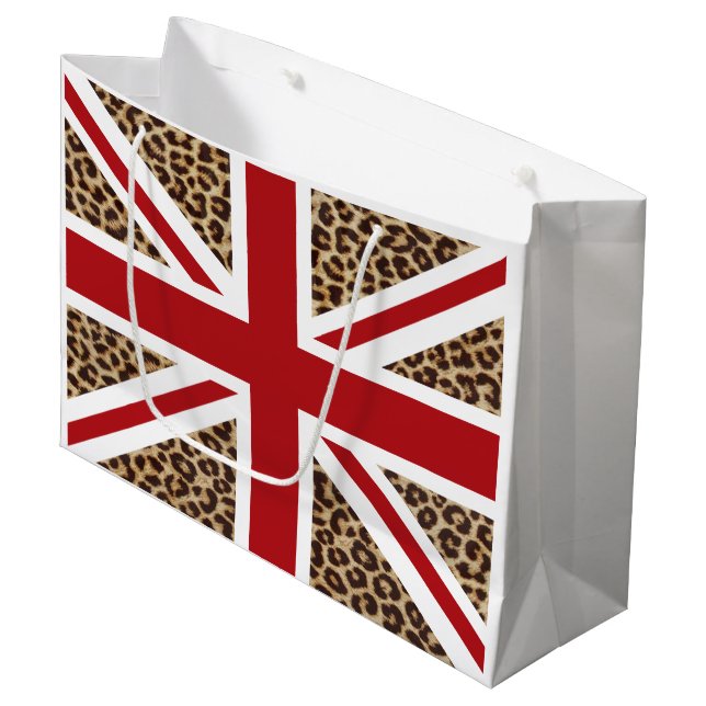 Union Jack British Flag with Cheetah Print Large Gift Bag (Front Angled)