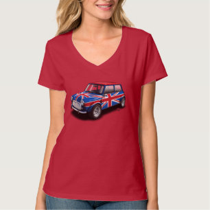 Union Jack Classic Mini Car on Ladies Red T-Shirt