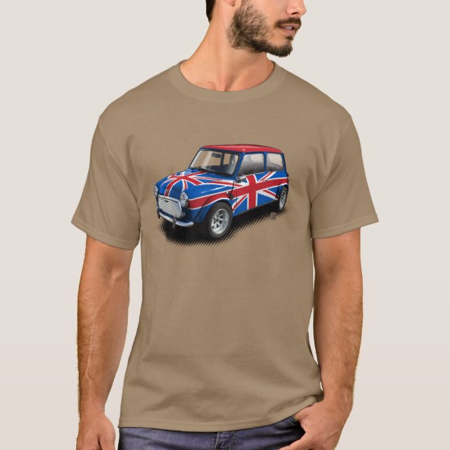 Union Jack Classic Mini Car on Tan T-Shirt (Front)