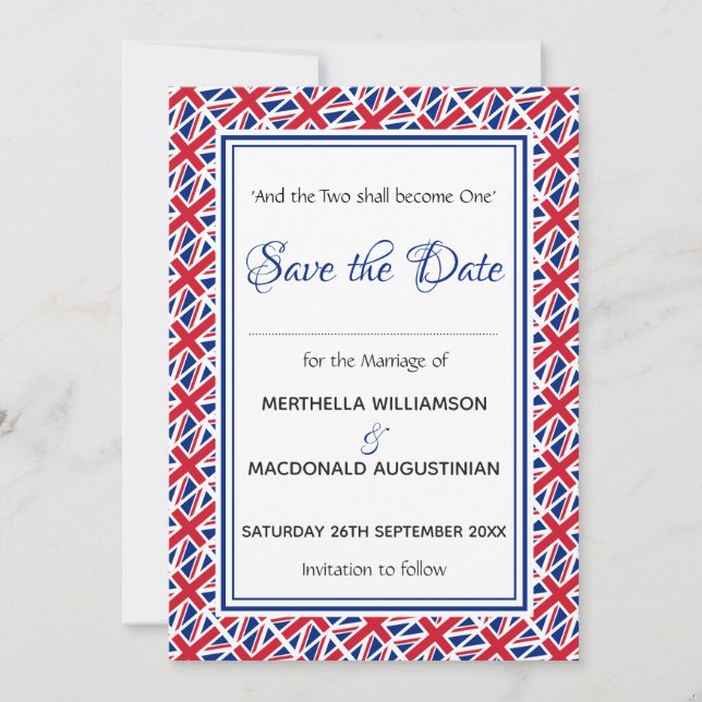 UNION JACK Customized Scripture Stylish UK Save The Date (Front)