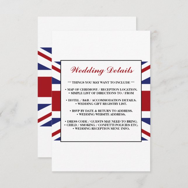 Union Jack Flag British Wedding Detail Enclosure Card (Front/Back)