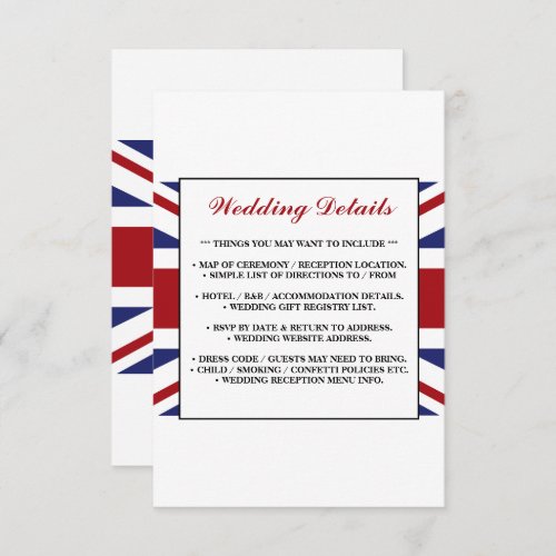Union Jack Flag British Wedding Detail Enclosure Card