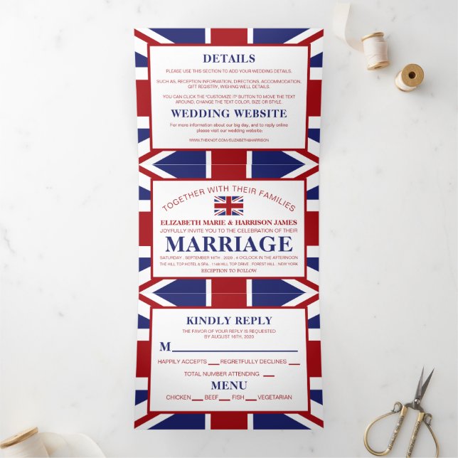 Union Jack Flag, British Wedding Suite Tri-Fold Invitation (Inside)