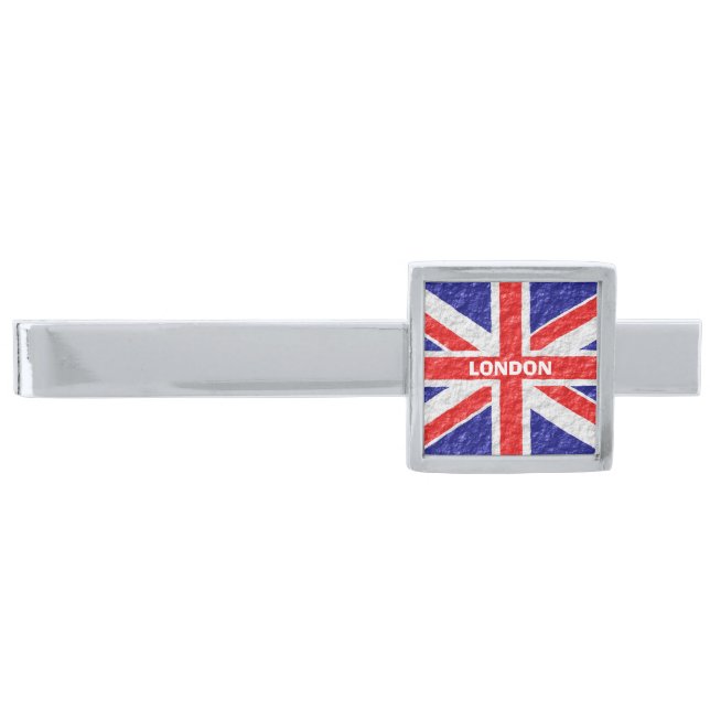 Union Jack Flag Design Silver Finish Tie Clip (Front)
