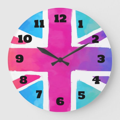 Union Jack Flag in Bright Watercolors Large Clock