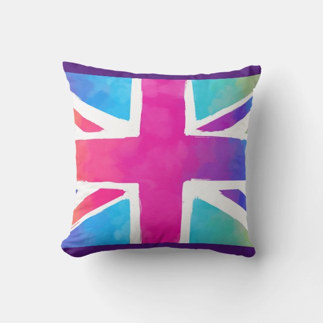 Union Jack Flag in Bright Watercolors Throw Pillow (Front)
