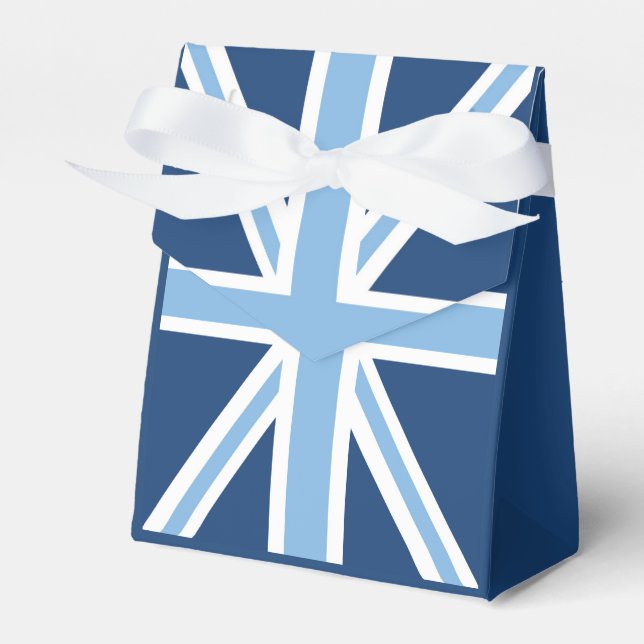 Union Jack Flag in Sky and Navy Blue Favor Boxes (Front Side)