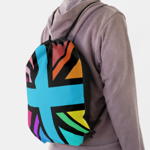 Union Jack/Flag Multicolored+Black Design Drawstring Bag
