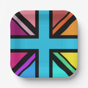 Union Jack/Flag Multicolored+Black Design Paper Plates