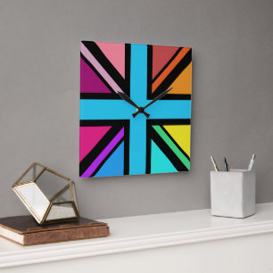 Union Jack/Flag Multicolored+Black Design Square Wall Clock