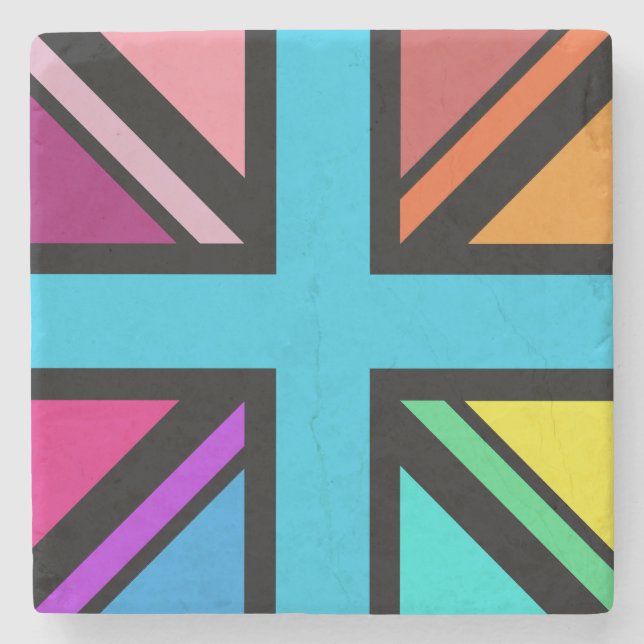 Union Jack/Flag Multicolored+Black Design Stone Coaster (Front)