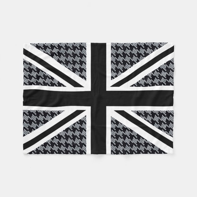 Union Jack Flag on Black and White Houndstooth Fleece Blanket (Front (Horizontal))