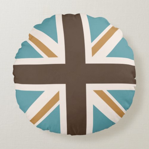 Union JackFlag Teal Brown Gold Cream Round Pillow