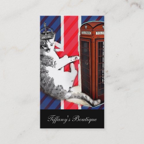 union jack flag telephone booth crown kitty cat business card