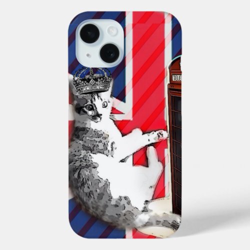 union jack flag telephone booth crown kitty cat iPhone 15 case