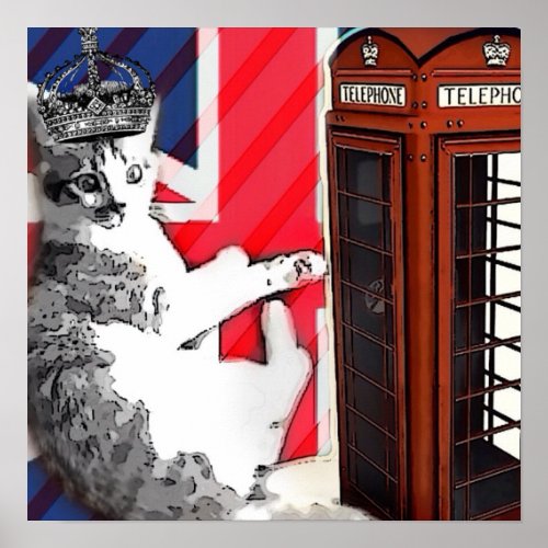 union jack flag telephone booth crown kitty cat poster