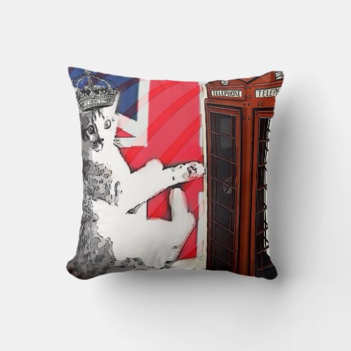 union jack flag telephone booth crown kitty cat throw pillow