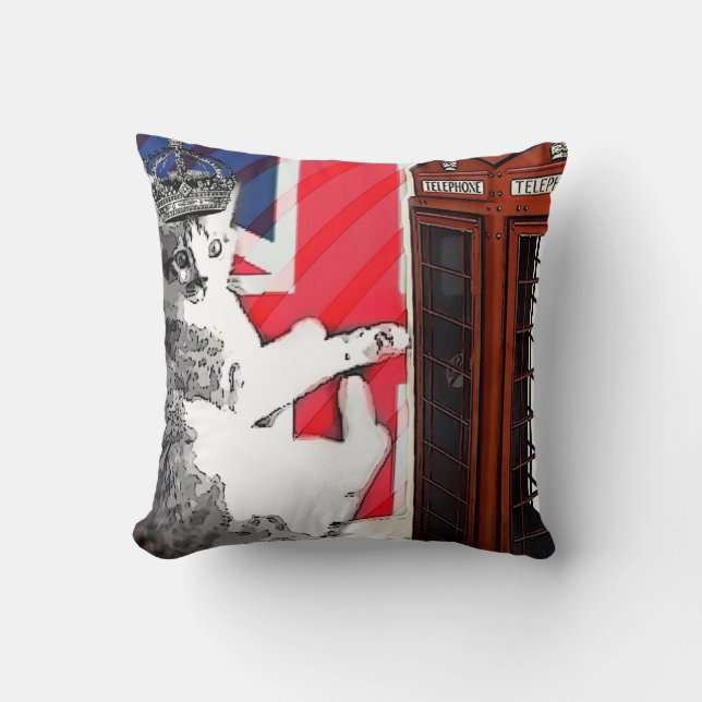 union jack flag telephone booth crown kitty cat throw pillow (Front)