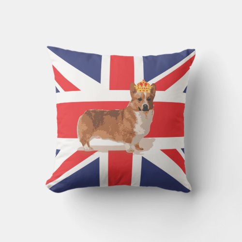 Union Jack Flag with Corgi and Crown Pillow