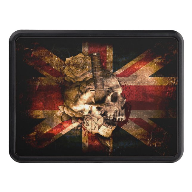 Union Jack Flag with Skull Rose Dagger Printed Tow Hitch Cover (Front)