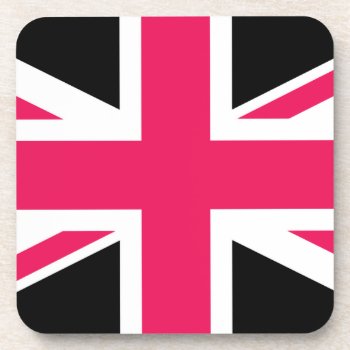Union Jack ~ Hot Pink Black And White Coaster by Ladiebug at Zazzle