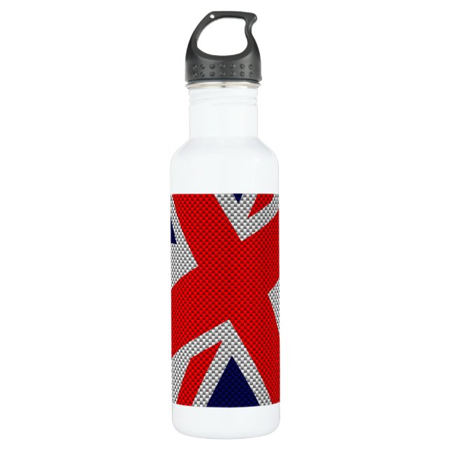 Union Jack on Carbon Fiber Style Print Stainless Steel Water Bottle (Front)